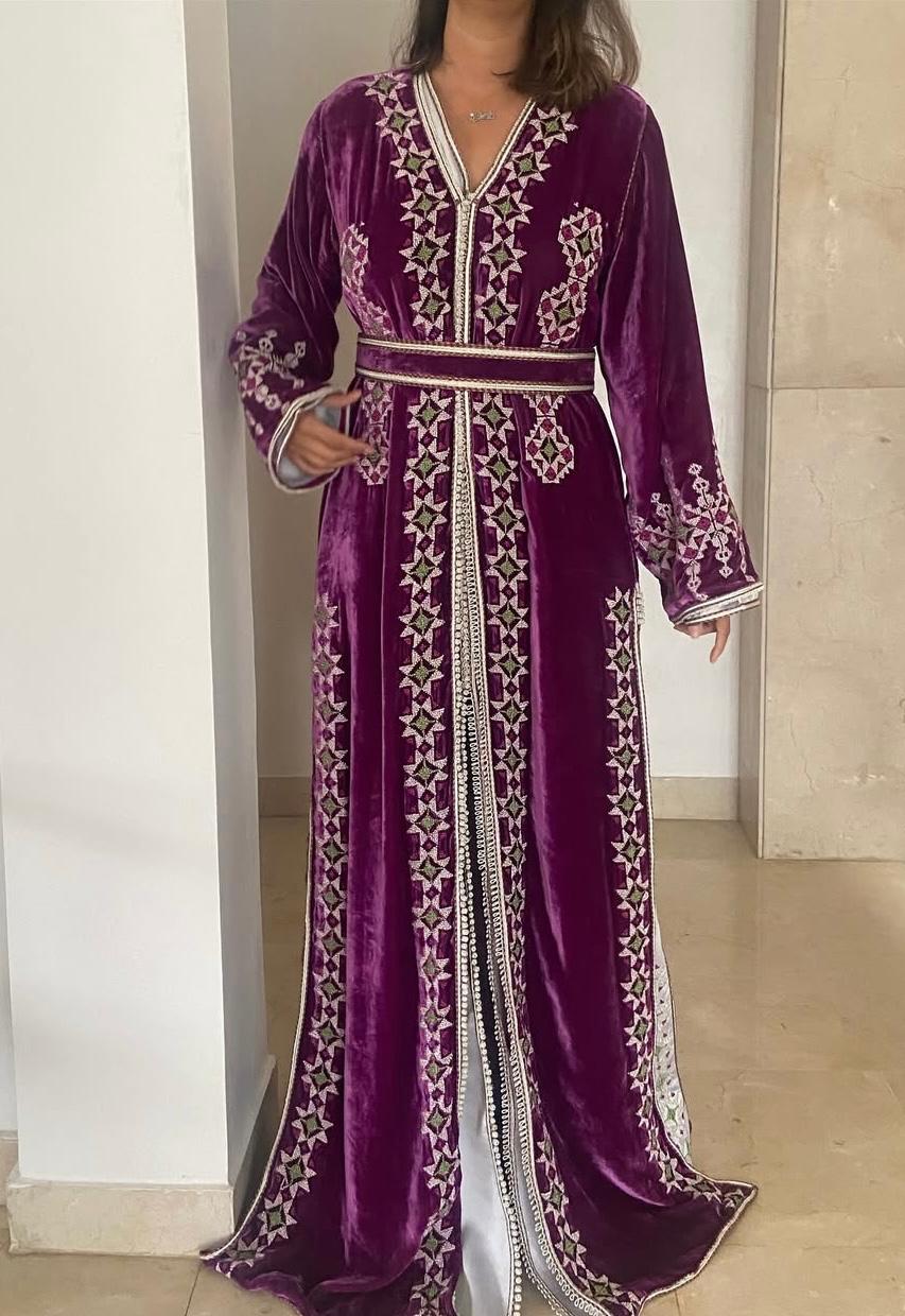 imgqs4234 Traditional Morocain caftan with handcrafted Palestinian embroidery - Image 1